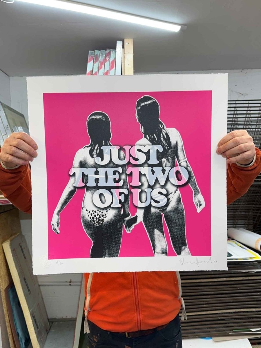 3-colour screenprint, orange and black, pop art duo with bold typography, edition of 24, white stock