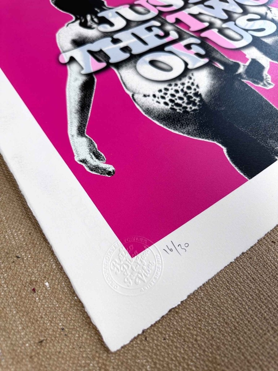 3-colour screenprint, orange and black, pop art duo with bold typography, edition of 24, white stock