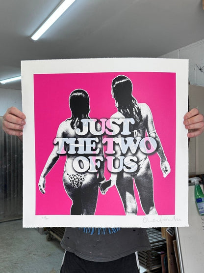 3-colour screenprint, orange and black, pop art duo with bold typography, edition of 24, white stock