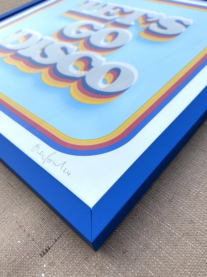 5-colour screenprint, cyan/blue/red/yellow, retro 3D 'LET'S GO DISCO' with diamond dust, edition of 62