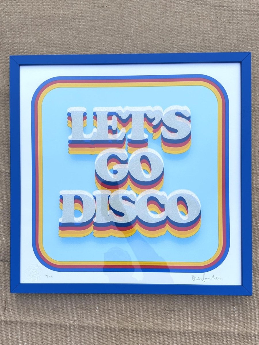 5-colour screenprint, cyan/blue/red/yellow, retro 3D 'LET'S GO DISCO' with diamond dust, edition of 62