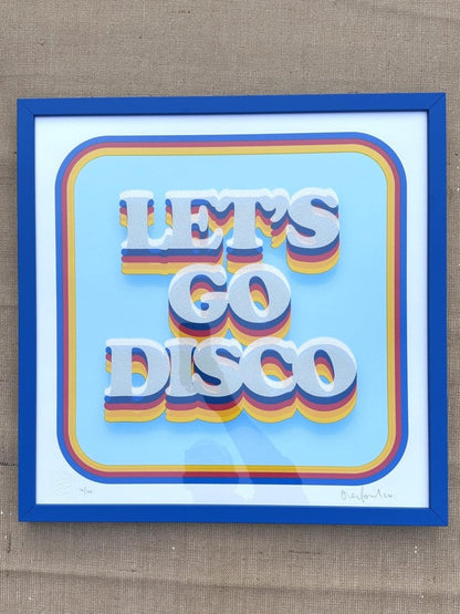 5-colour screenprint, cyan/blue/red/yellow, retro 3D 'LET'S GO DISCO' with diamond dust, edition of 62