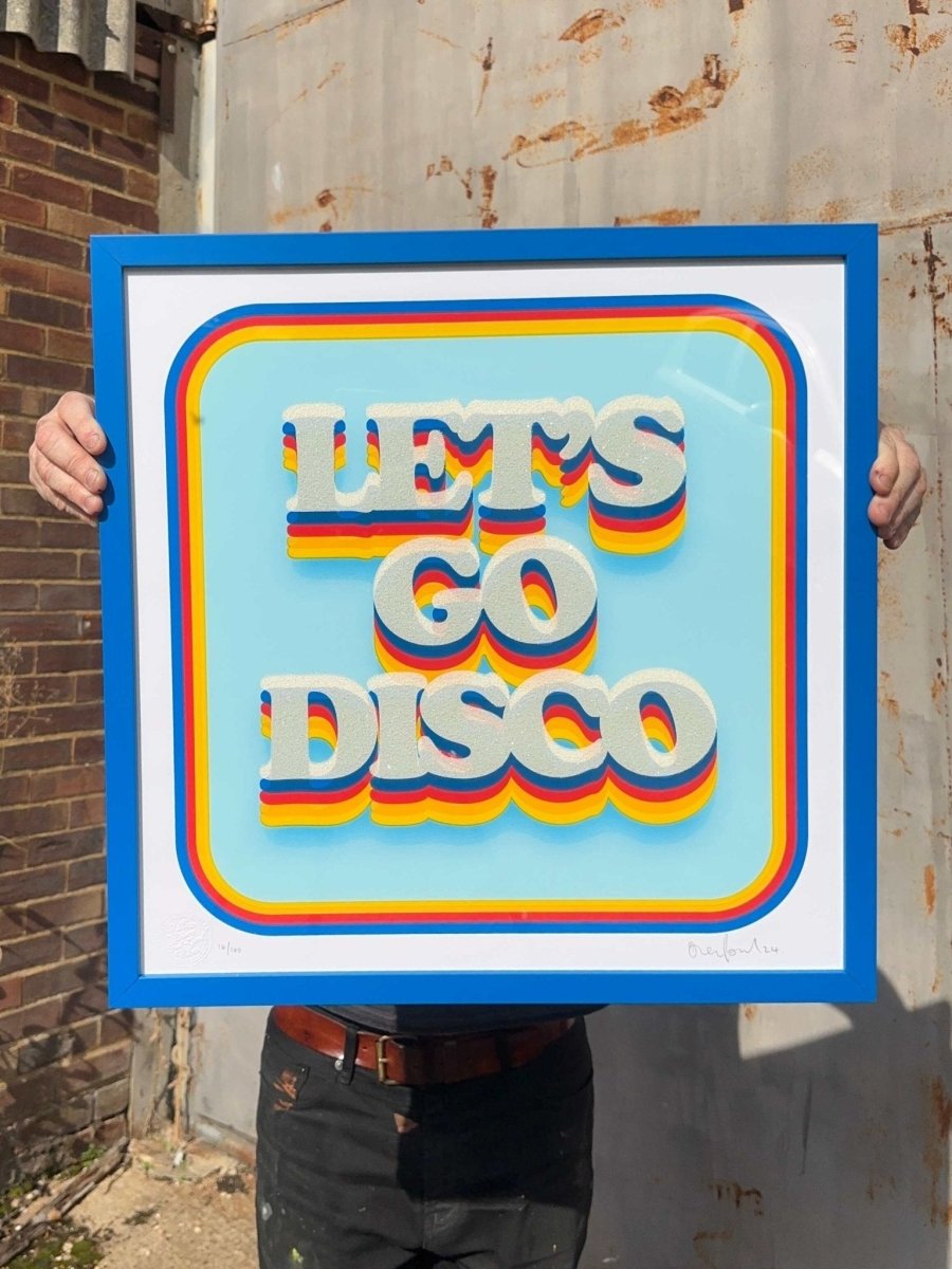 5-colour screenprint, cyan/blue/red/yellow, retro 3D 'LET'S GO DISCO' with diamond dust, edition of 62