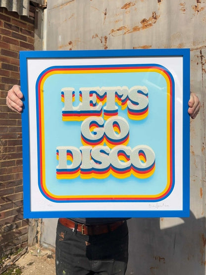 5-colour screenprint, cyan/blue/red/yellow, retro 3D 'LET'S GO DISCO' with diamond dust, edition of 62
