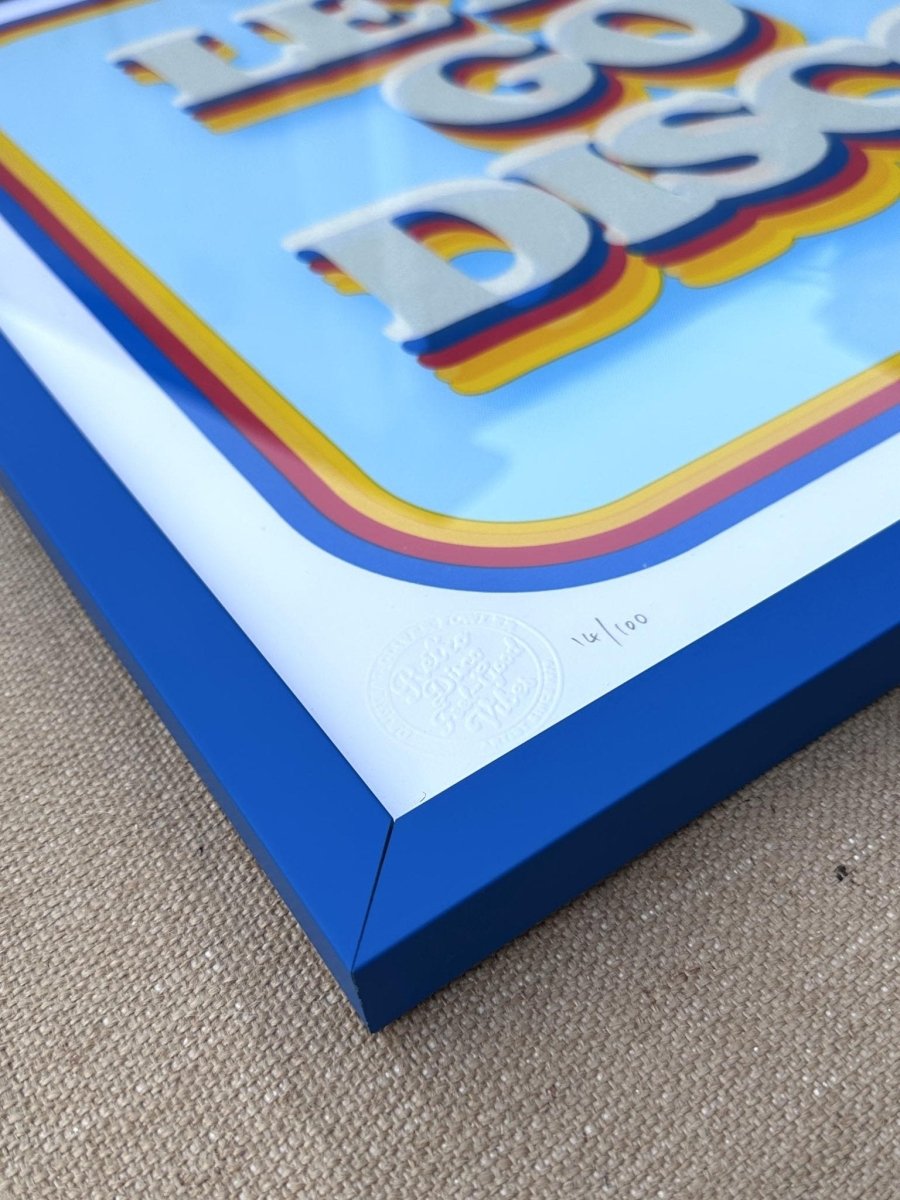 5-colour screenprint, cyan/blue/red/yellow, retro 3D 'LET'S GO DISCO' with diamond dust, edition of 62