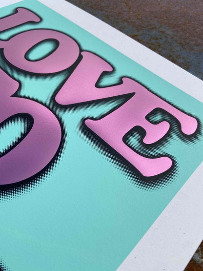 Love To Love...Blue Hand Pulled Screenprint Screen Print Olly Fowler 2020 tag1  framed