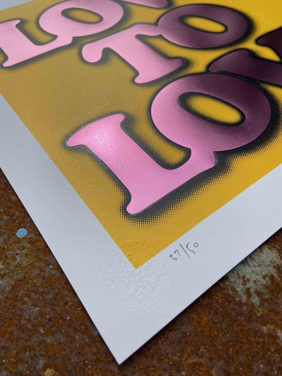 Love To Love...Yellow Hand Pulled ScreenPrint Screen Print Olly Fowler 2020 tag1  typography
