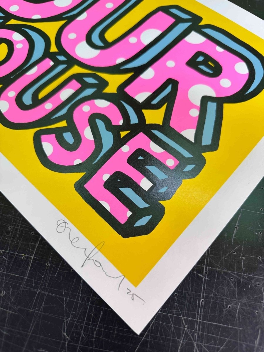 Hand-pulled screenprint, yellow, blue, red and black, bold 'OUR HOUSE' with white polka dots