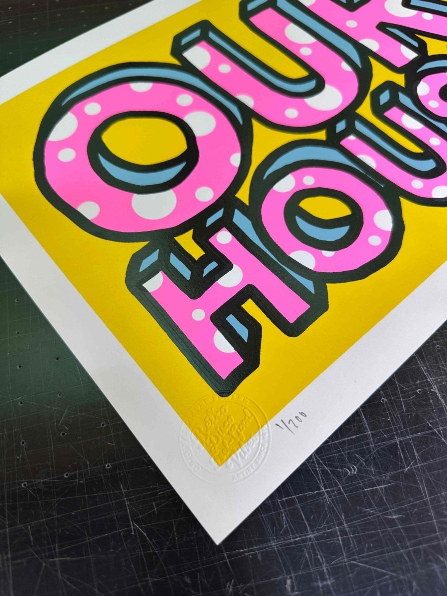 Hand-pulled screenprint, yellow, blue, red and black, bold 'OUR HOUSE' with white polka dots