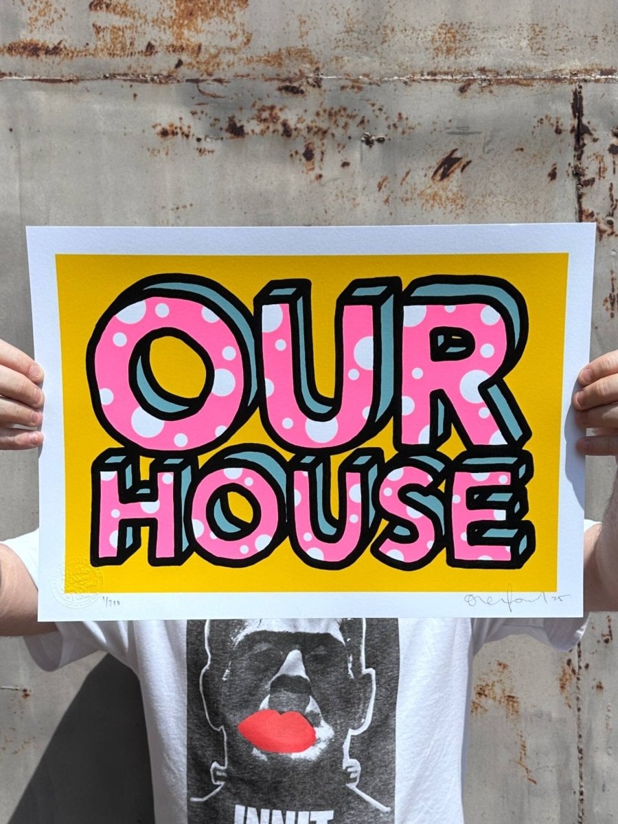 Hand-pulled screenprint, yellow, blue, red and black, bold 'OUR HOUSE' with white polka dots