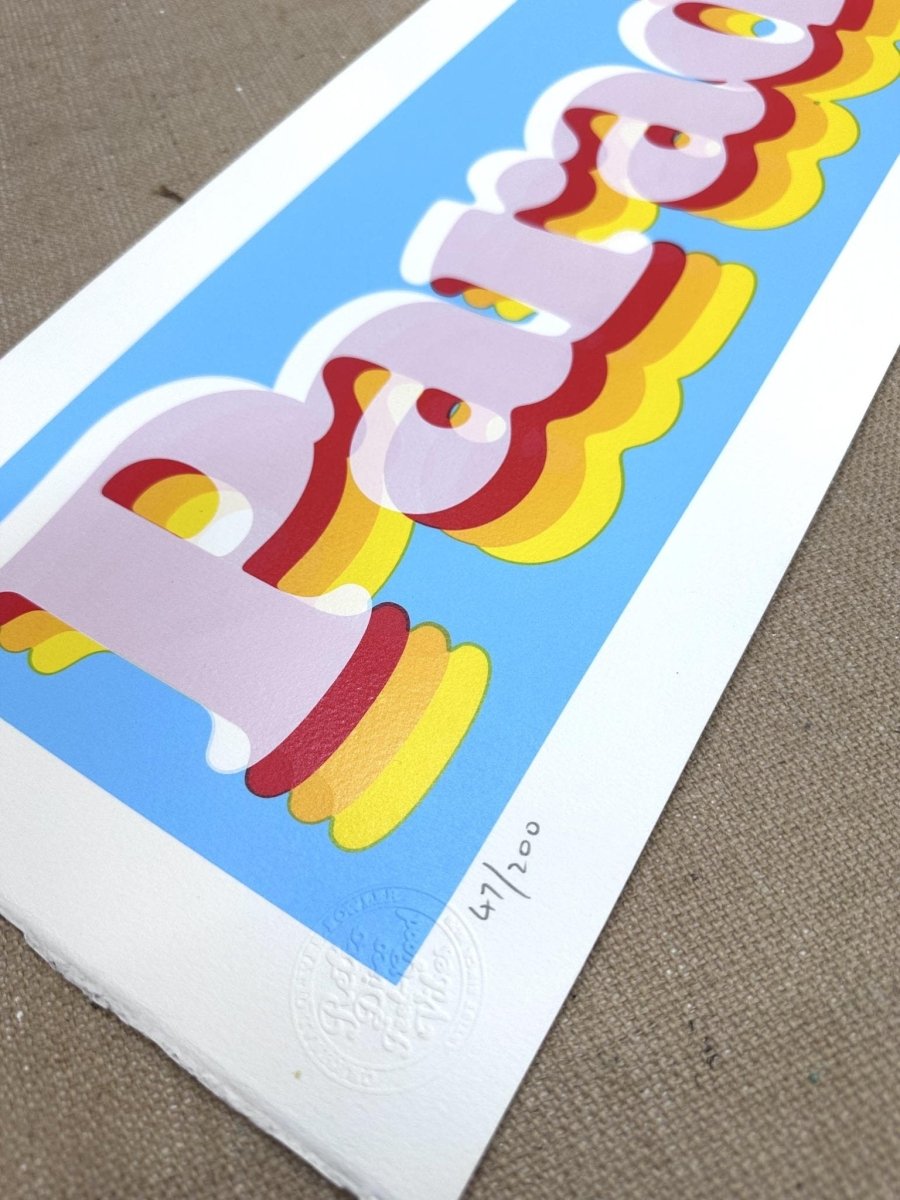 5-colour hand-pulled screenprint, purple red yellow on cream, retro 'paradise' bubble lettering