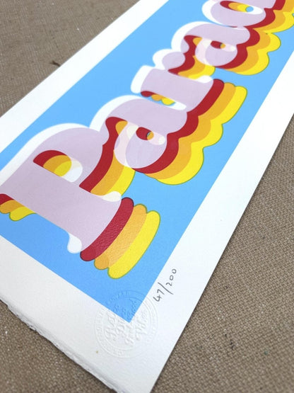 5-colour hand-pulled screenprint, purple red yellow on cream, retro 'paradise' bubble lettering