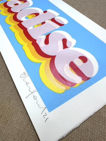 5-colour hand-pulled screenprint, purple red yellow on cream, retro 'paradise' bubble lettering