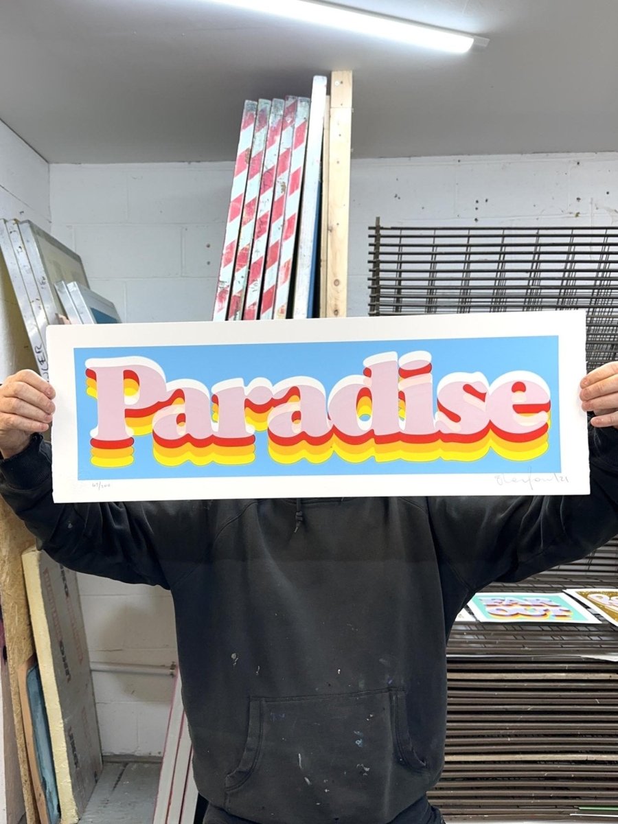5-colour hand-pulled screenprint, purple red yellow on cream, retro 'paradise' bubble lettering