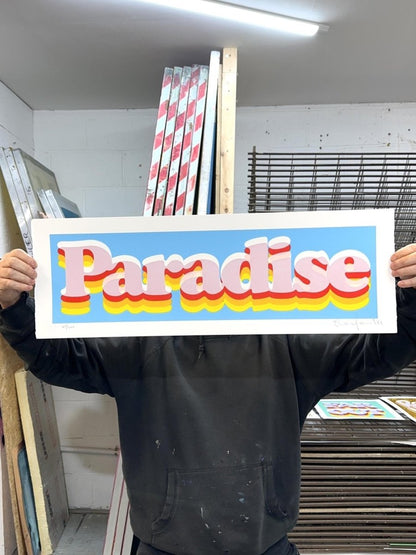 5-colour hand-pulled screenprint, purple red yellow on cream, retro 'paradise' bubble lettering