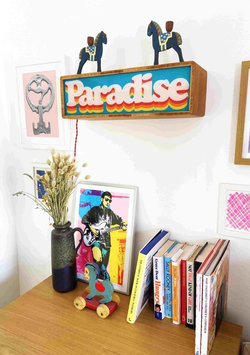 5-colour hand-pulled screenprint, purple red yellow on cream, retro 'paradise' bubble lettering