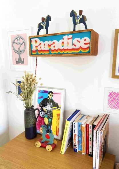 5-colour hand-pulled screenprint, purple red yellow on cream, retro 'paradise' bubble lettering