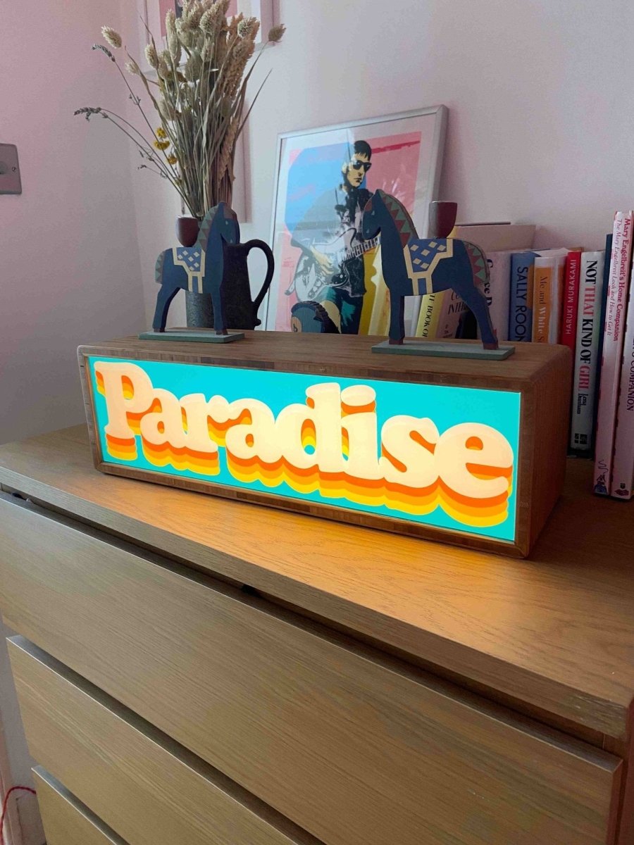 5-colour hand-pulled screenprint, purple red yellow on cream, retro 'paradise' bubble lettering
