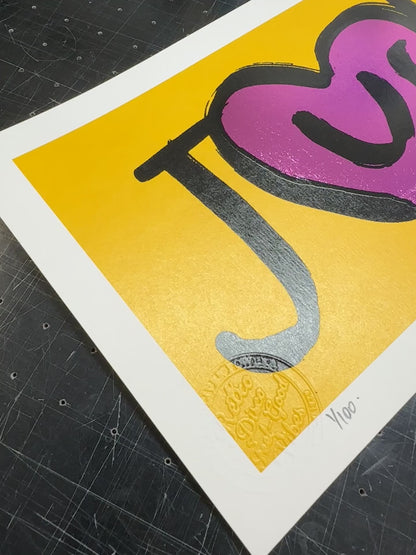 JusT Handpulled Screenprint in Fluro Pink and Metallic Leaf