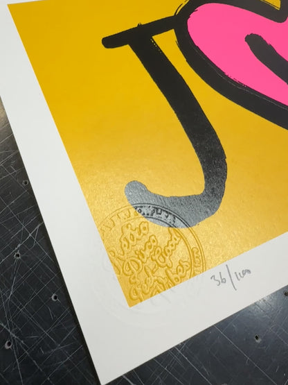 JusT Handpulled Screenprint in Fluro Pink and Metallic Leaf