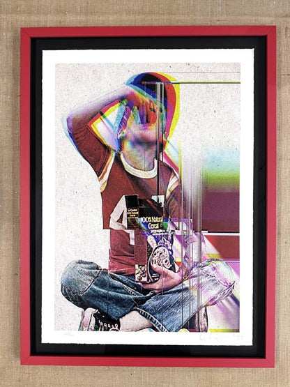 4-colour screenprint, CMYK rainbow dither, figure with Quaker Oats and glitch effects, on textured natural stock