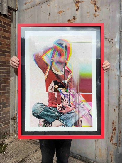 4-colour screenprint, CMYK rainbow dither, figure with Quaker Oats and glitch effects, on textured natural stock