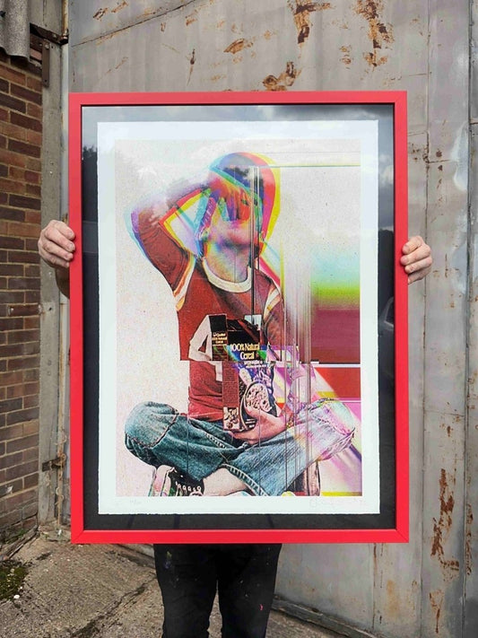 4-colour screenprint, CMYK rainbow dither, figure with Quaker Oats and glitch effects, on textured natural stock