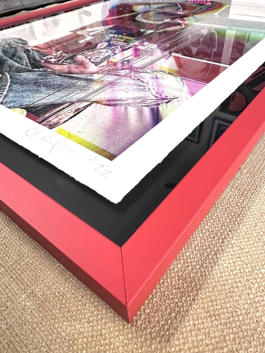 4-colour screenprint, CMYK rainbow dither, figure with Quaker Oats and glitch effects, on textured natural stock