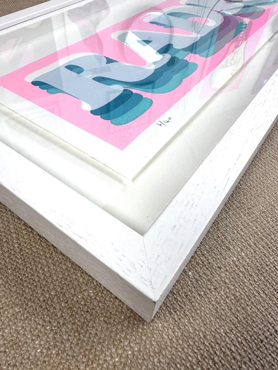 3-colour screenprint, pink and turquoise, retro 3D 'RADICAL!' typography with layered shadow effect