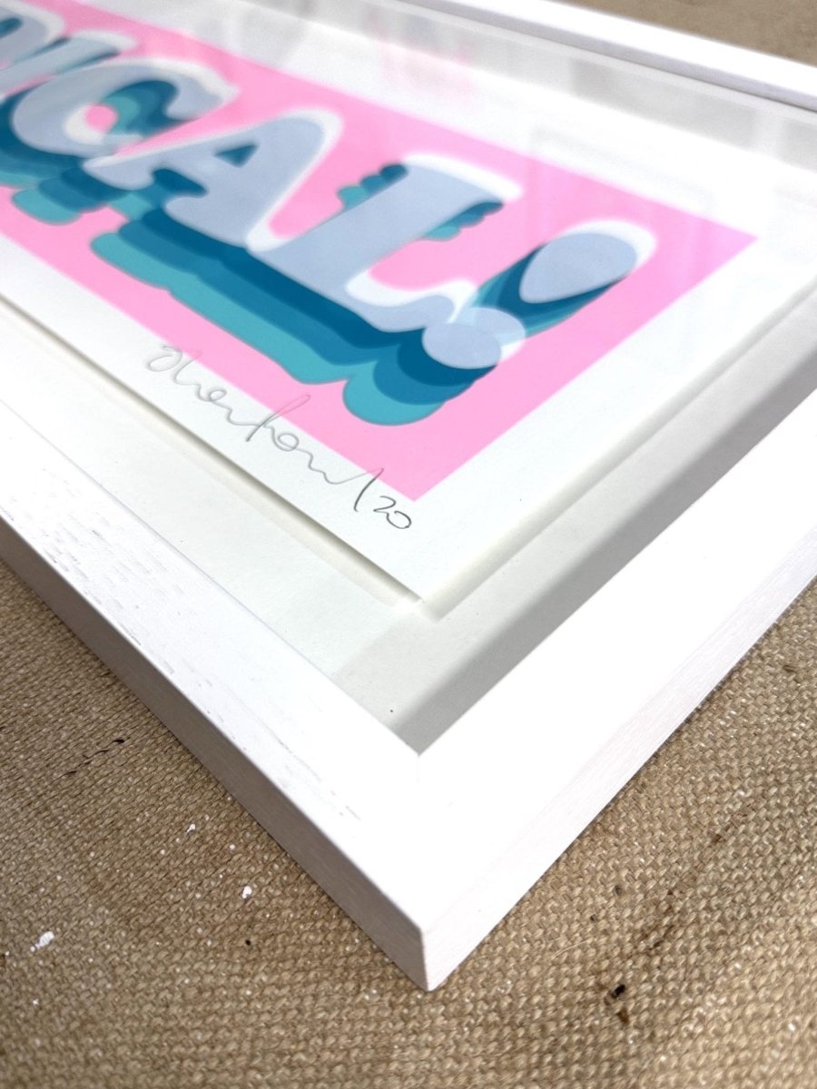 3-colour screenprint, pink and turquoise, retro 3D 'RADICAL!' typography with layered shadow effect