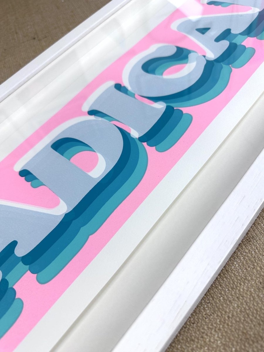 3-colour screenprint, pink and turquoise, retro 3D 'RADICAL!' typography with layered shadow effect