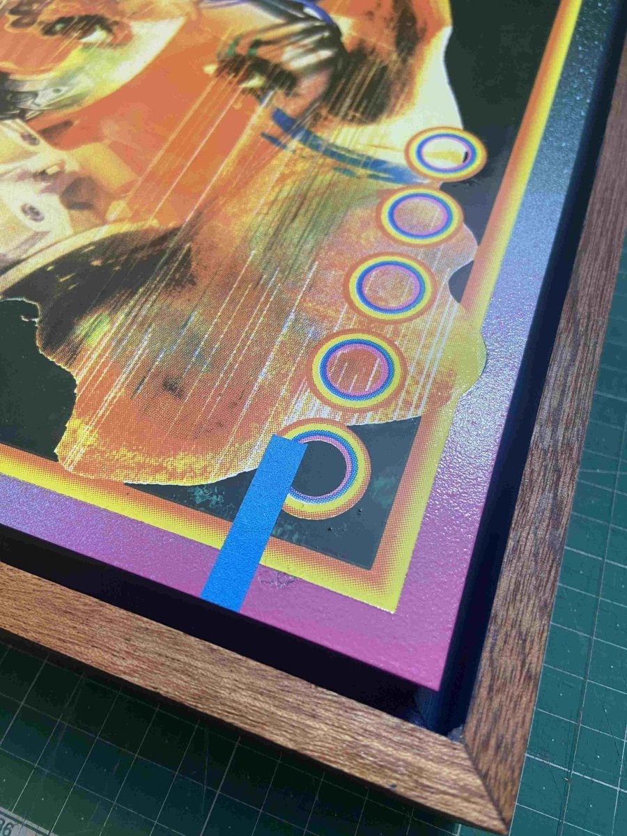 Multi-colour screenprint, oxidised copper-green and yellow tones, profile silhouette with vintage tech imagery