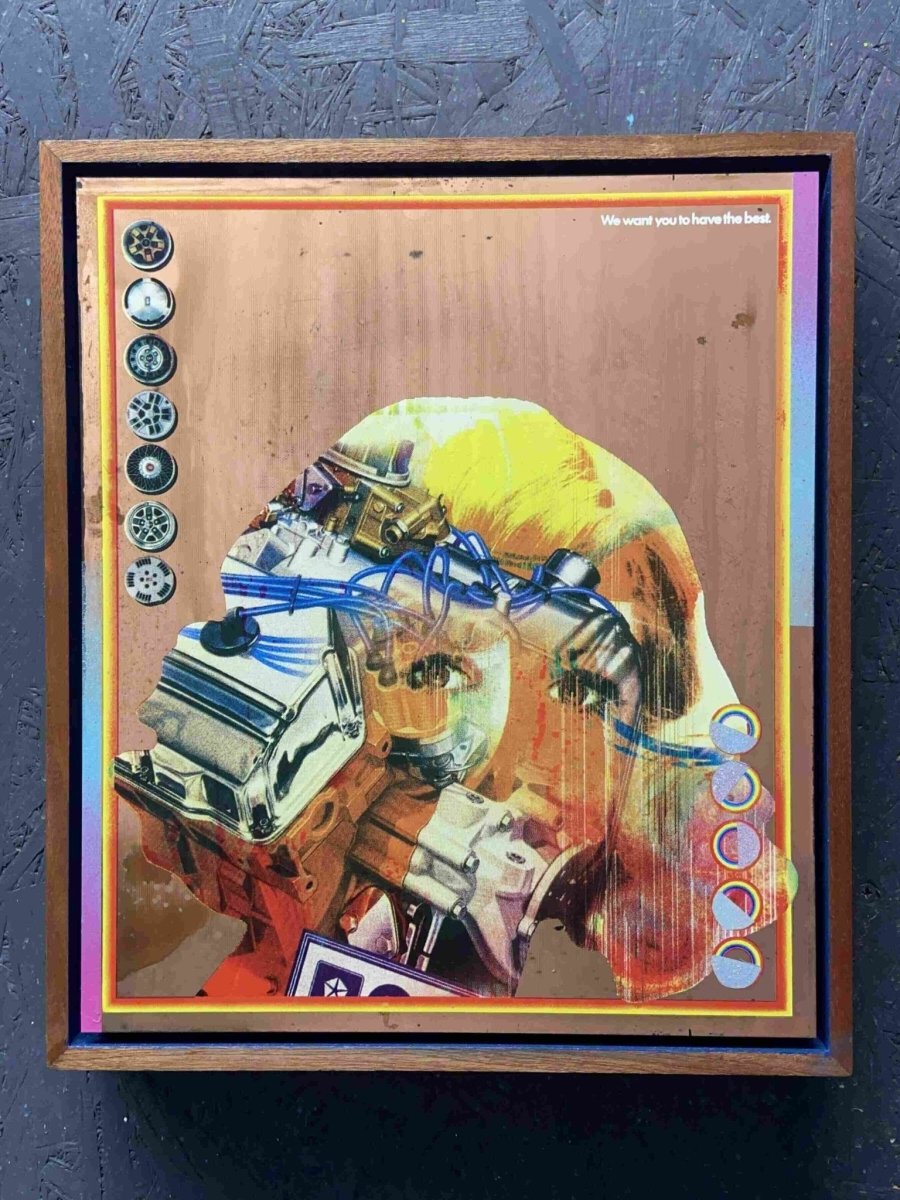 Multi-colour screenprint, oxidised copper-green and yellow tones, profile silhouette with vintage tech imagery