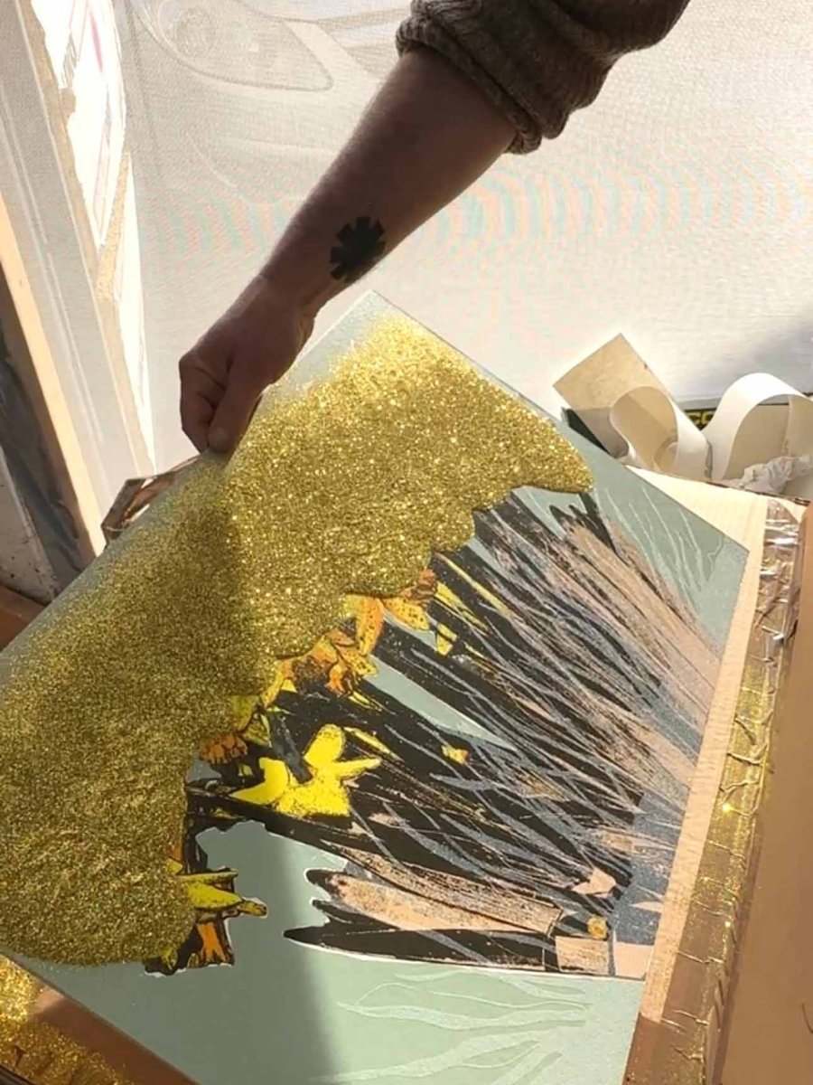 Strength In The Sun: A Hand - Pulled Screenprint with Gold Glitter Detail. Original screenprint OLI FOWLER ART tag1  gold leaf