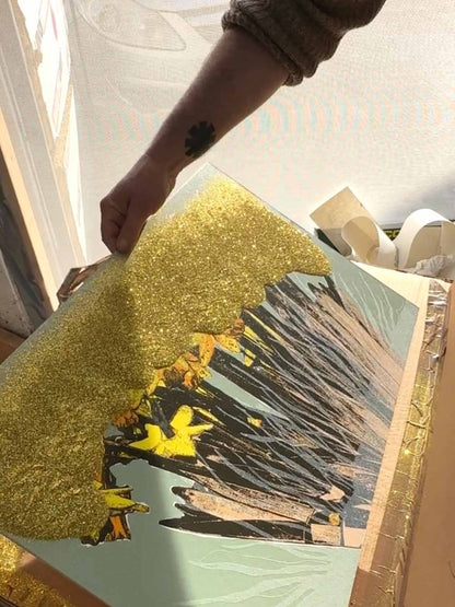 Strength In The Sun: A Hand - Pulled Screenprint with Gold Glitter Detail. Original screenprint OLI FOWLER ART tag1  gold leaf