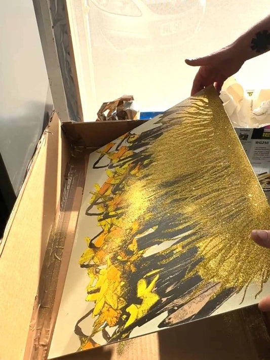 Strength In The Sun: A Hand - Pulled Screenprint with Gold Glitter Detail. Original screenprint OLI FOWLER ART tag1  gold leaf