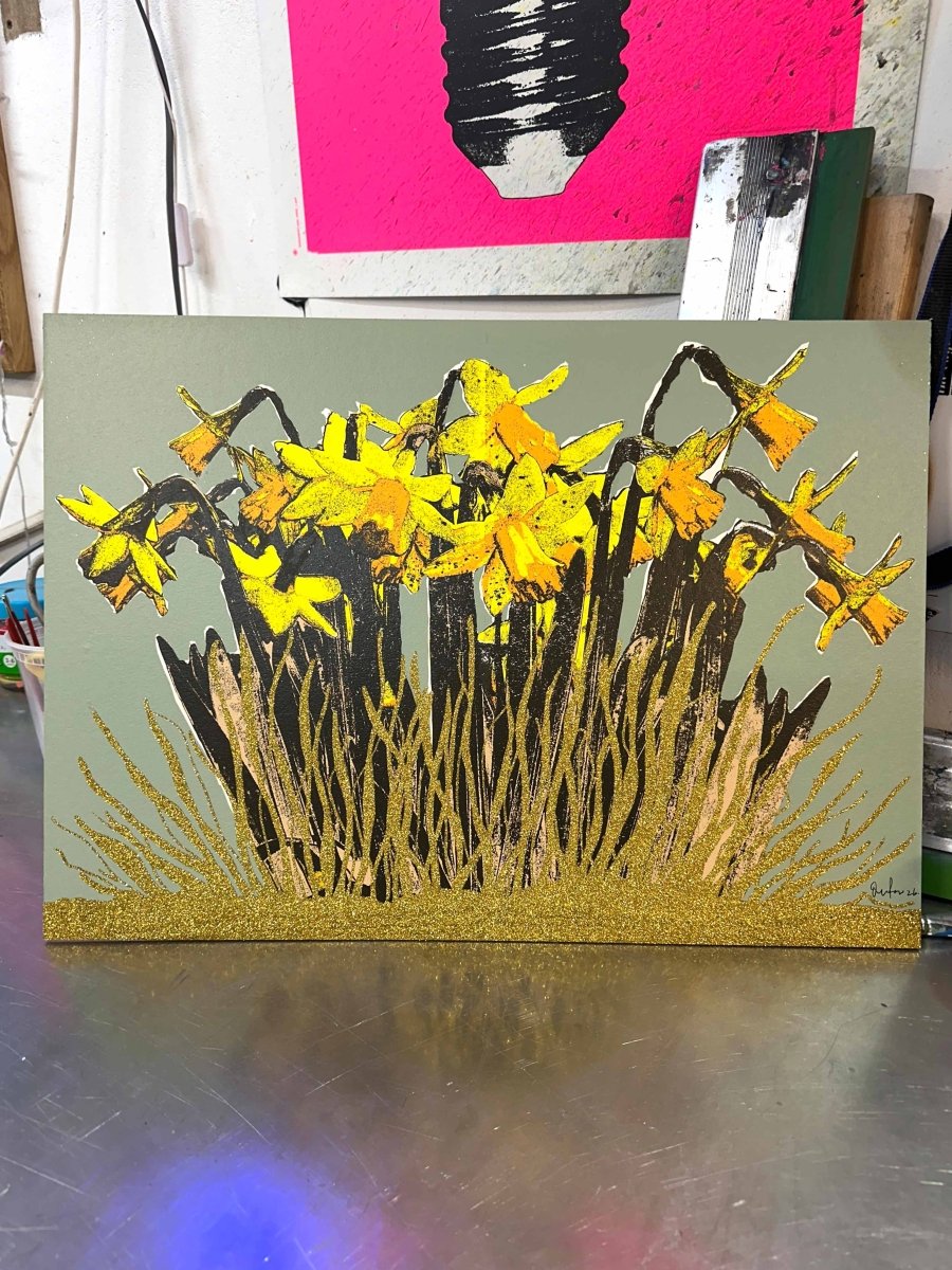 Strength In The Sun: A Hand - Pulled Screenprint with Gold Glitter Detail. Original screenprint OLI FOWLER ART tag1  gold leaf