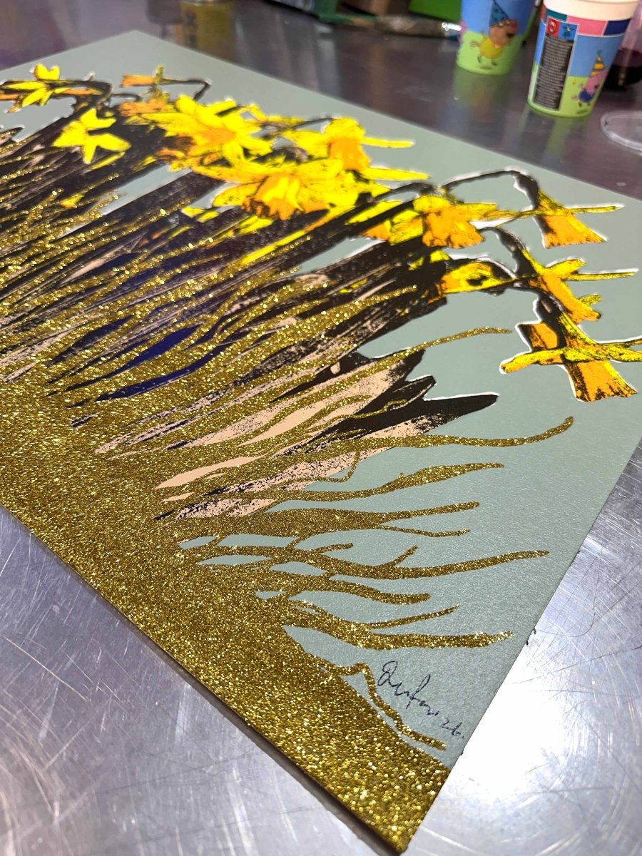 Strength In The Sun: A Hand - Pulled Screenprint with Gold Glitter Detail. Original screenprint OLI FOWLER ART tag1  gold leaf
