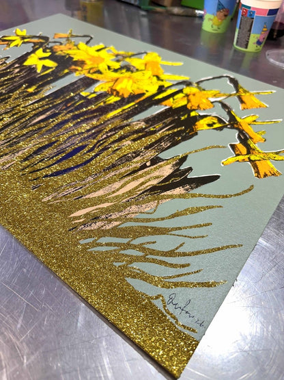 Strength In The Sun: A Hand - Pulled Screenprint with Gold Glitter Detail. Original screenprint OLI FOWLER ART tag1  gold leaf
