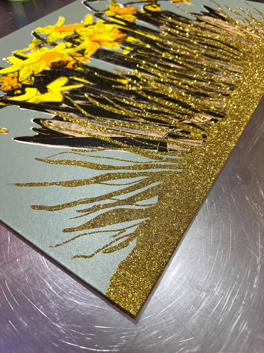 Strength In The Sun: A Hand - Pulled Screenprint with Gold Glitter Detail. Original screenprint OLI FOWLER ART tag1  gold leaf