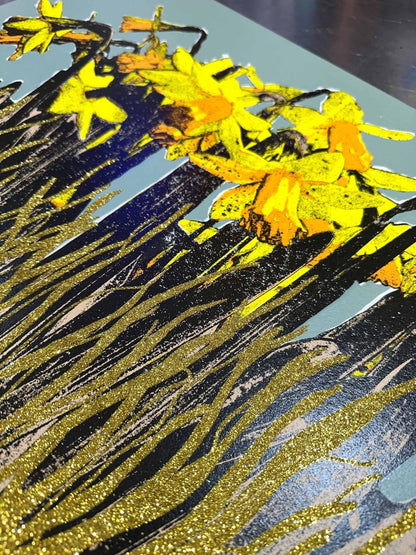 Strength In The Sun hand-pulled screenprint with gold glitter daffodil detail by Oli Fowler