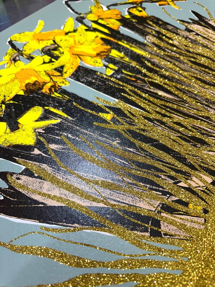 Strength In The Sun: A Hand - Pulled Screenprint with Gold Glitter Detail. Original screenprint OLI FOWLER ART tag1  gold leaf