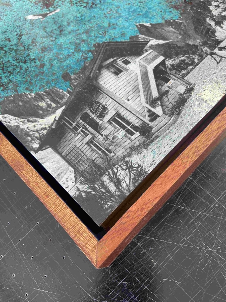 4-colour screenprint with oxidised copper, turquoise sky, pink moon, alpine house and winding road