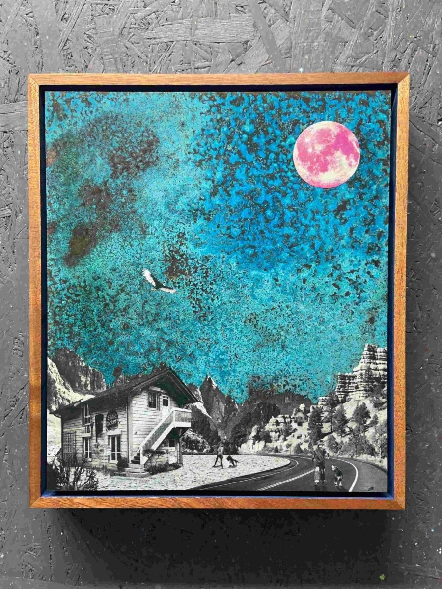 4-colour screenprint with oxidised copper, turquoise sky, pink moon, alpine house and winding road
