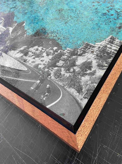 4-colour screenprint with oxidised copper, turquoise sky, pink moon, alpine house and winding road