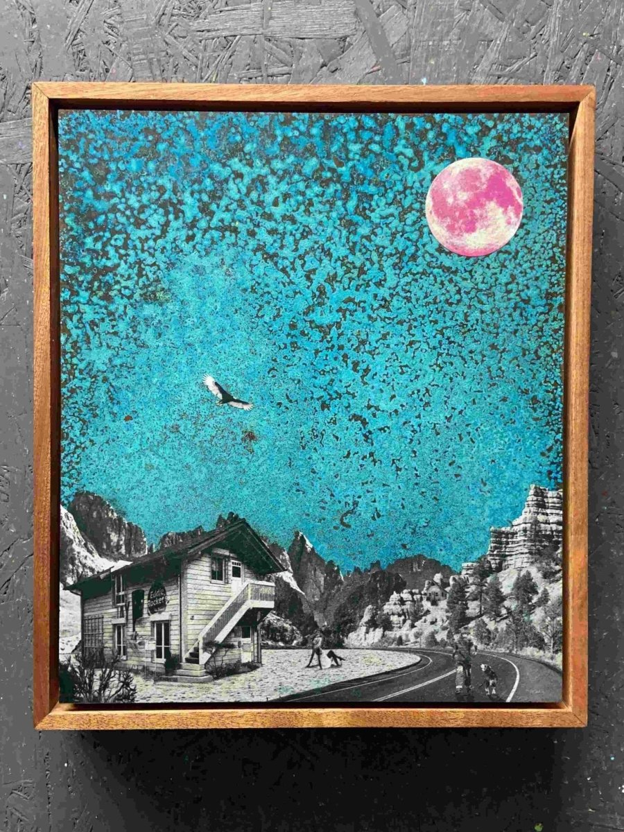 4-colour screenprint with oxidised copper, turquoise sky, pink moon, alpine house and winding road