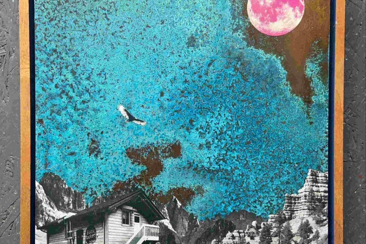 4-colour screenprint with oxidised copper, turquoise sky, pink moon, alpine house and winding road