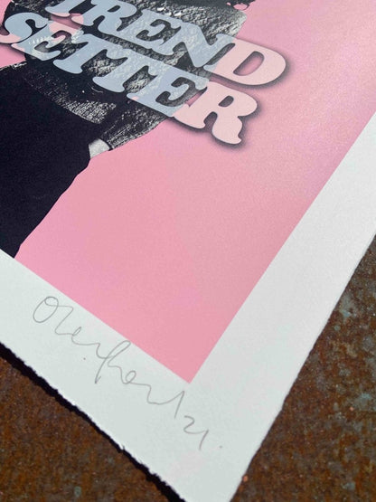 3-colour screenprint, orange and black, pop art duo with bold typography, edition of 24, white stock