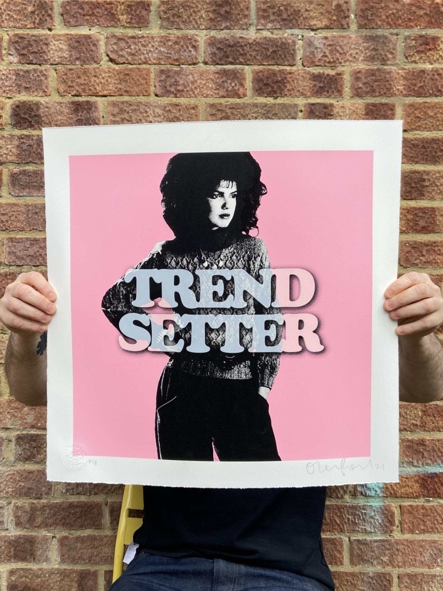 3-colour screenprint, orange and black, pop art duo with bold typography, edition of 24, white stock