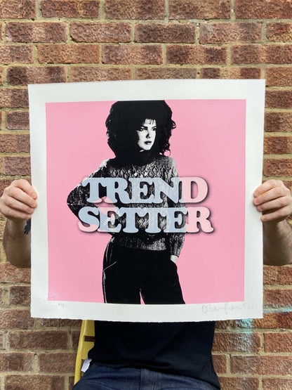 3-colour screenprint, orange and black, pop art duo with bold typography, edition of 24, white stock